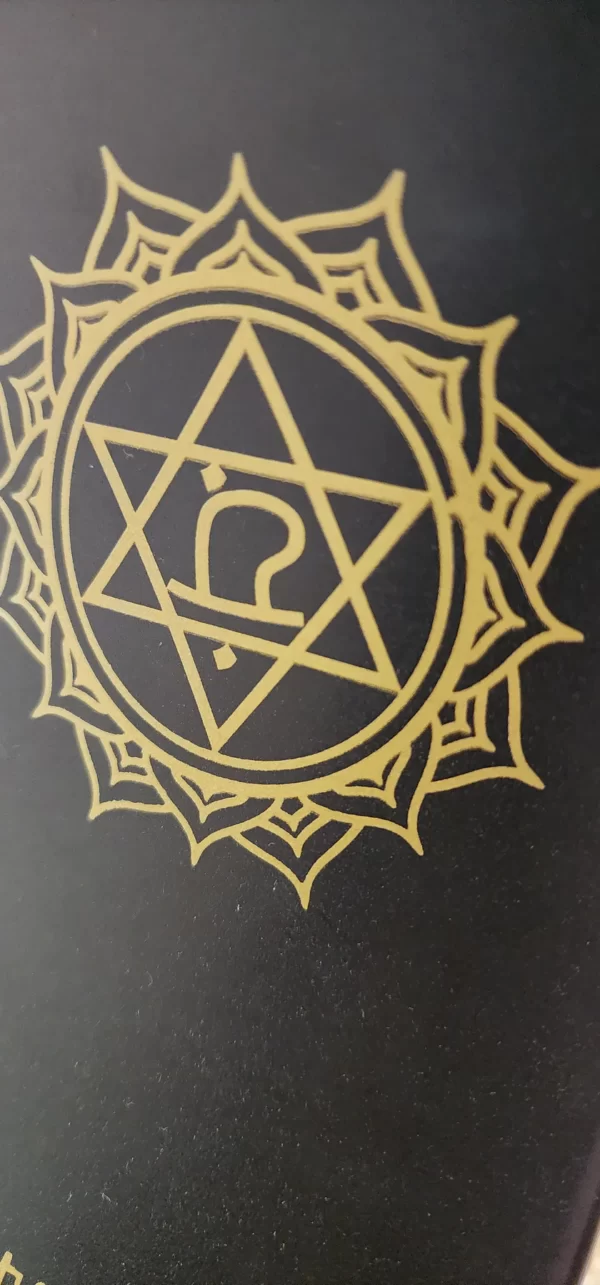 Yoga wheel black Vegan Leather Engraved Chakra design on outer rim gold chakra symbols in centre 7