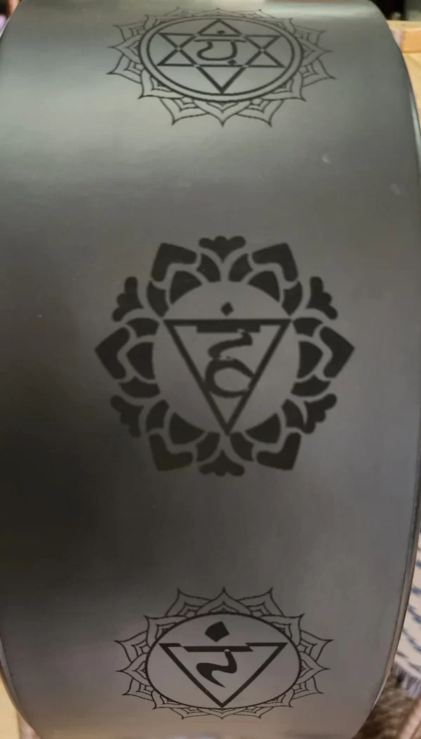 Yoga wheel black Vegan Leather Engraved Chakra design on outer rim gold chakra symbols in centre 8