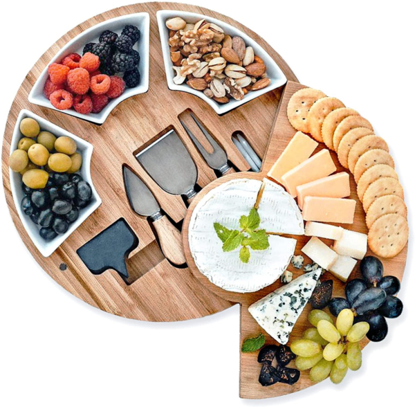 Bamboo Round cheese board with ceramic bowls and cheese tools